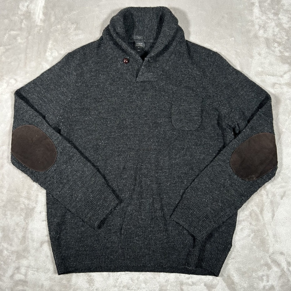 J. Crew Shawlneck Sweater Men XL Gray Merino Wool Fisherman Pocket Elbow Patches